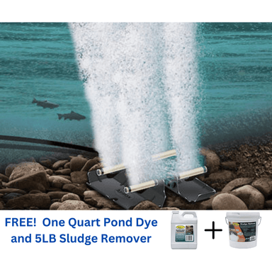 Airmax PS10 diffuser at bottom of pond with bubbles rising upand an offer for free pond dye and sludge remover below image