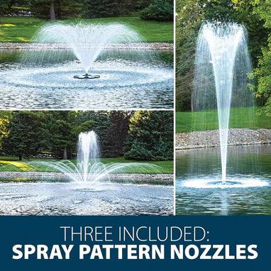 Three Airmax PondSeries Pond Fountains each with different display patters and text below stating three spray pattern nozzles included