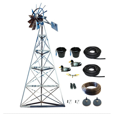 Outdoor Water Solutions Deluxe Windmill Aerator with pasrts shown on the right side on a white background