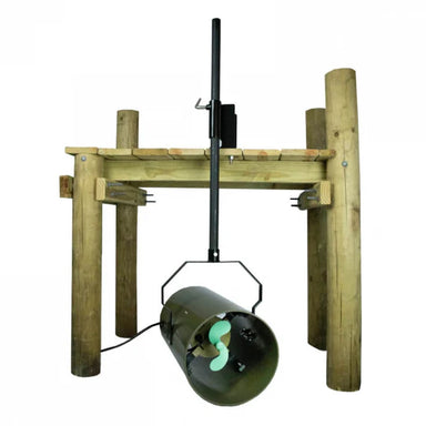 Wooden stand with a Bearon Weeds Away attached on a white background