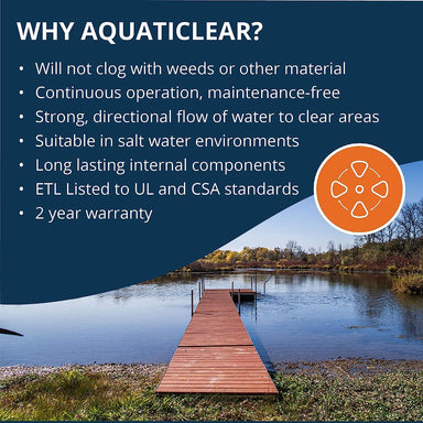 Kasco AquatiClear sales sheet listing the benefits of the Aquaticlear above an image of a clean pond with a wood dock going form the hore out into the water