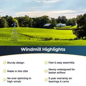 Outdoor Water Solutions Deluxe Windmill Aerator Highlights listed below image of windmill in grassy field