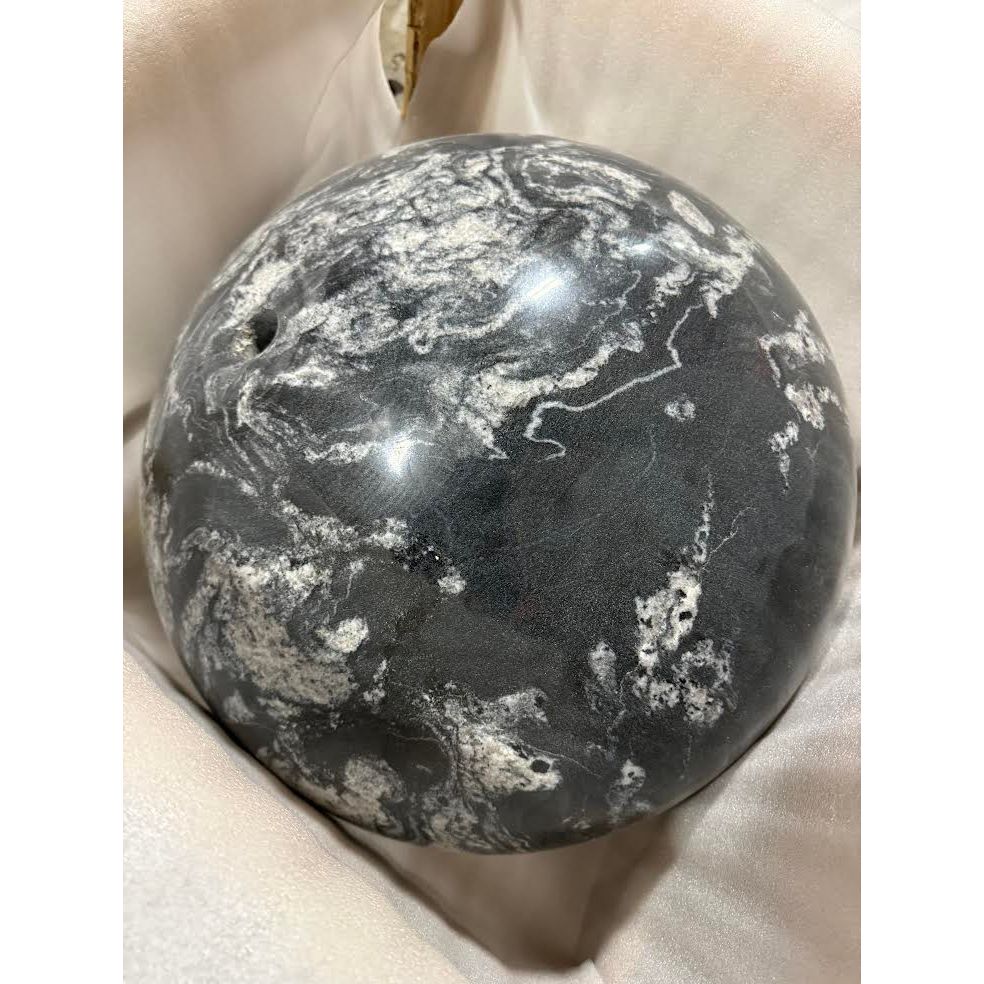 Black flower granite 30 inch sphere fountain stone close-up