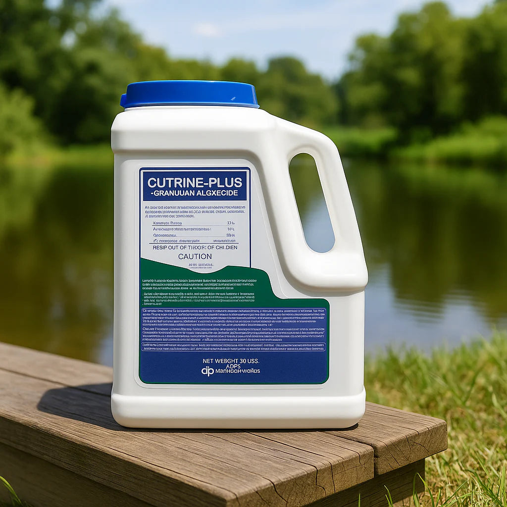 Container of Cutrine-Plus on a wooden platform with a natural background