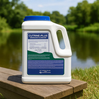 Container of Cutrine-Plus on a wooden platform with a natural background