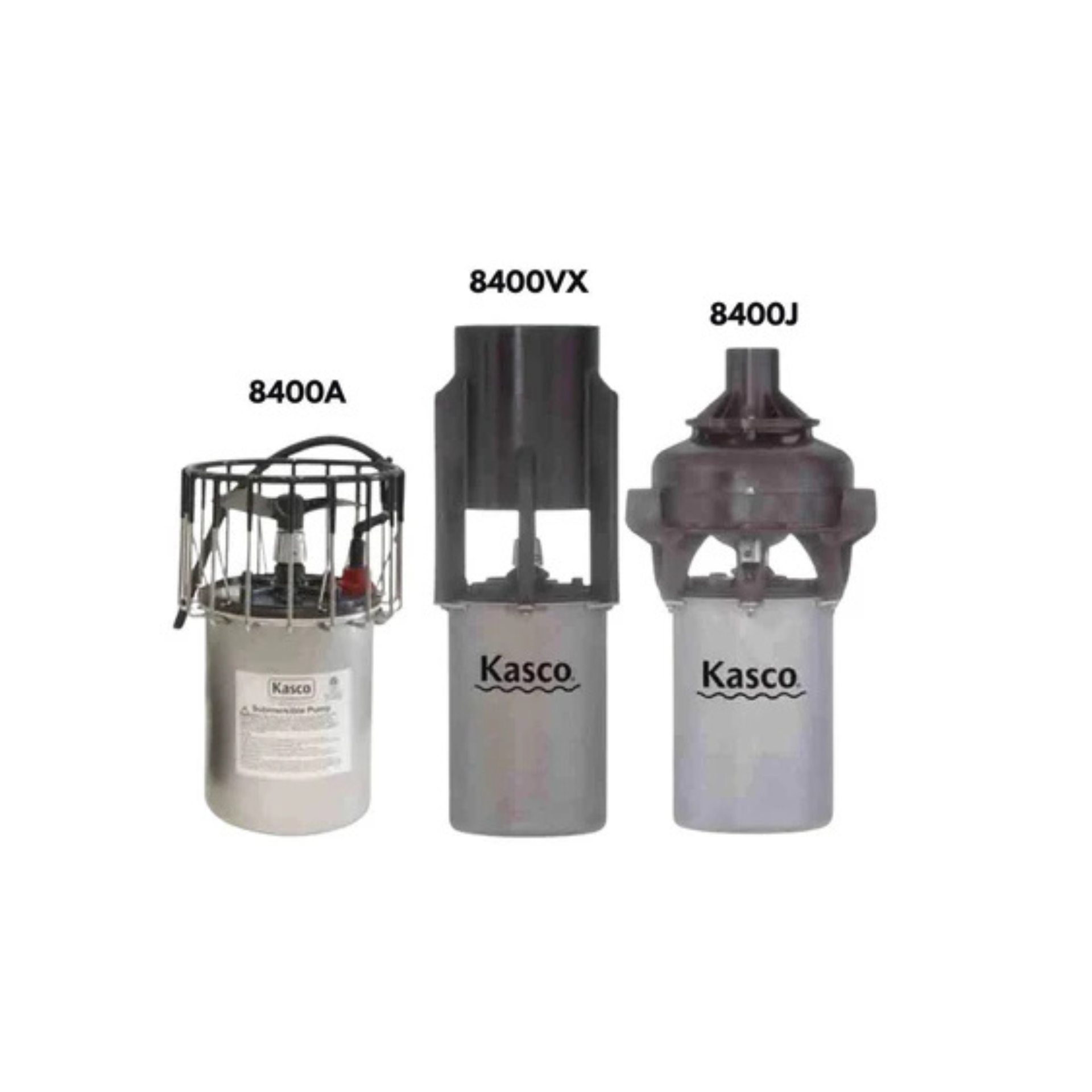 Three Kasco pumps labeled 8400A, 8400VX, and 8400J on a white background.