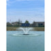 Outdoor Water Solutions Aerify Solar Pond Fountain panel on a pond with water fountain and residential area in the background