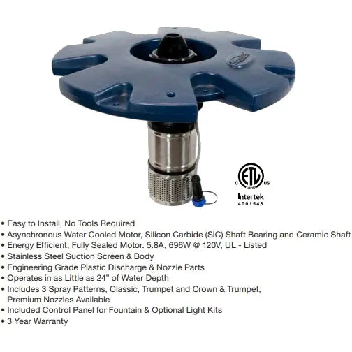 Airmax EcoSeries floating fountain with motor attached on white background with list below image of benefits and warrany