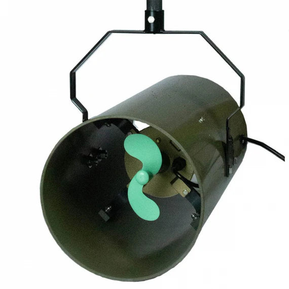 Hydrasearch Weeds Away Unit front view green propeller inside a cylindrical black housing on a white background
