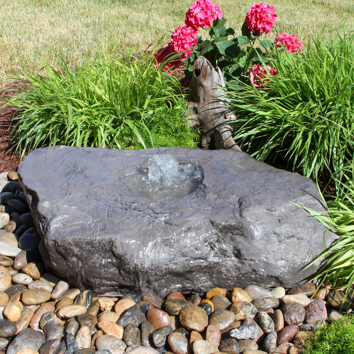 Large boulder bird bath fountain in Dapple Gray