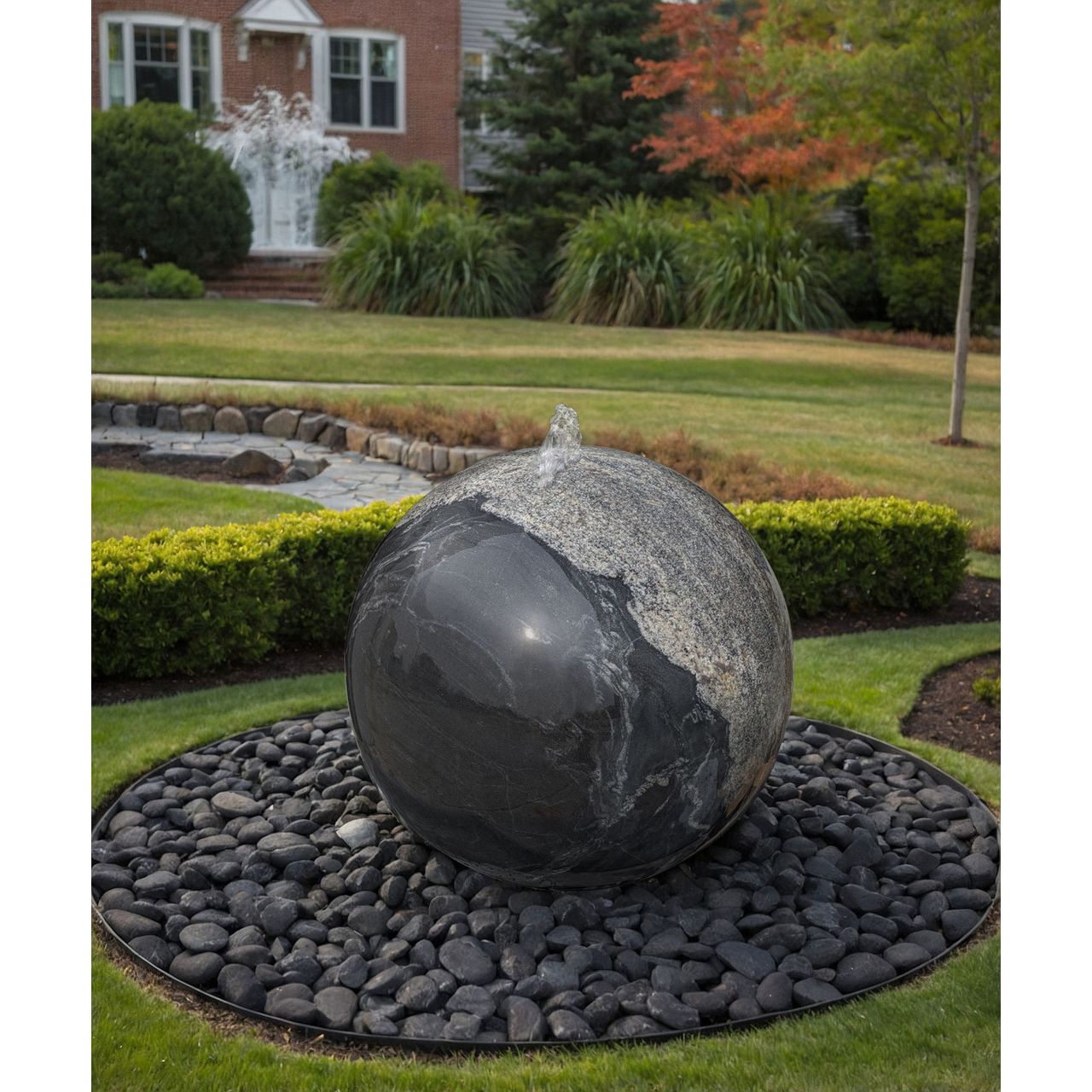 30 inch black flower granite sphere fountain with crystal swirls