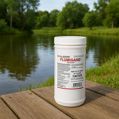 Flumigard container on a wooden surface with a lake and trees in the background