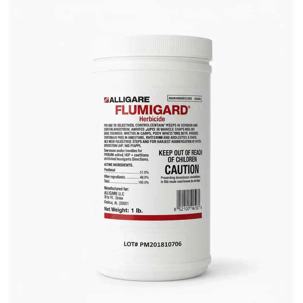 Flumigard herbicide container with label on a white background