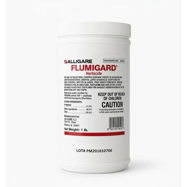 Flumigard herbicide container with label on a white background