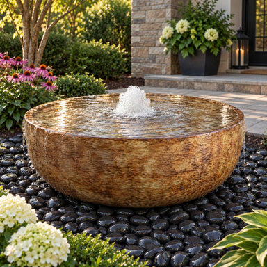 Blue Thumb brown patina reflection bowl fountain in a backyard landscape