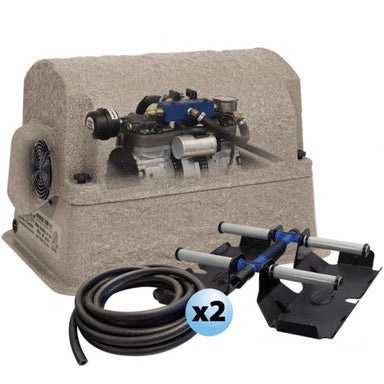 Cutaway of Airmax PS20 compressor inside cabinet with hose and diffuser next to it on white background