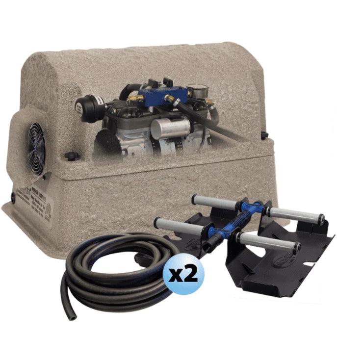 Cutaway of Airmax PS20 compressor inside cainet with hose and diffuser next to it on white background