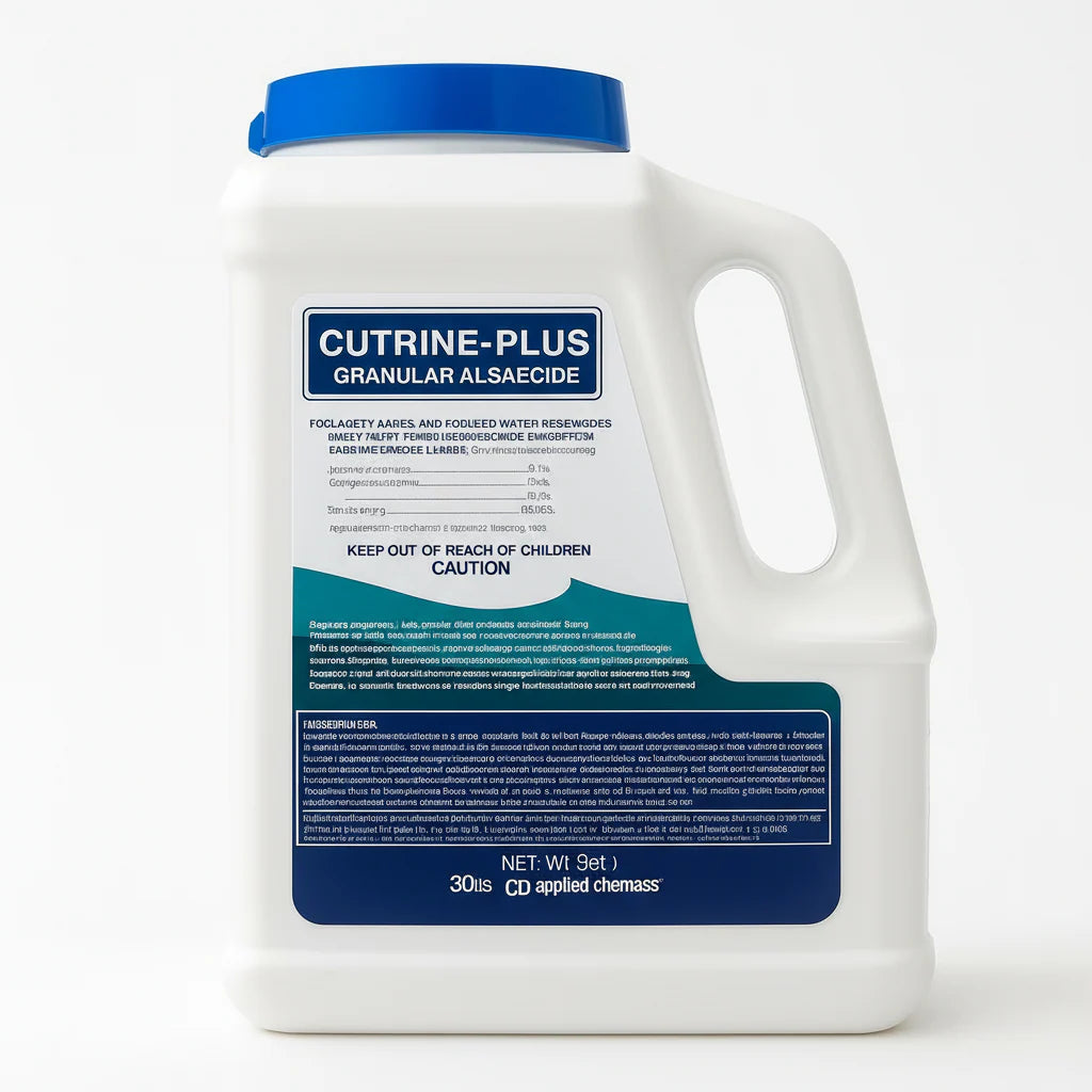 White container of Cutrine Plus Algicide with blue lid labeled 'Cutrine-Plus' on a white background