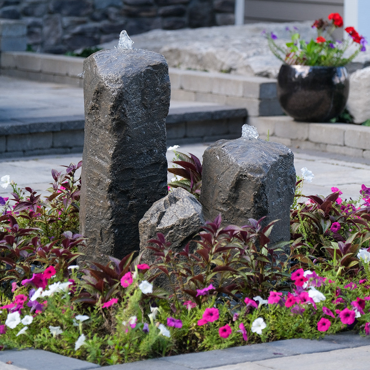 Blue Thumb Double Cascade GFRC boulder fountain with accent rock