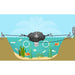 Cutaway rendering of a small pond with the Healthy quatics FS01 floating in the middle attached the both sides of the shoreline and fish swimming beneath the fountain