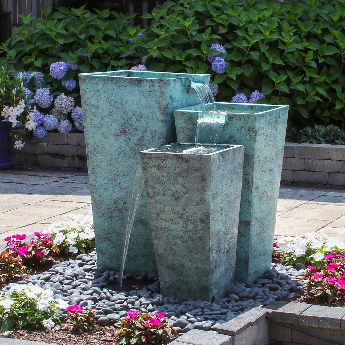 Blue Thumb tapered square triple spillway urn fountain kit with aqua patina