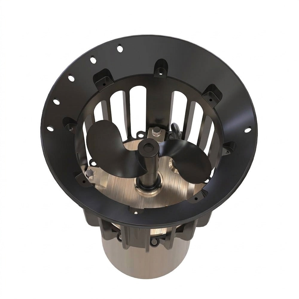 Top view of Ice Eater Gen 2 glide-cage motor mount with 2-blade propeller and six mooring holes on the rim