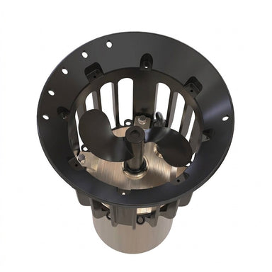 Top view of Ice Eater Gen 2 glide-cage motor mount with 2-blade propeller and six mooring holes on the rim