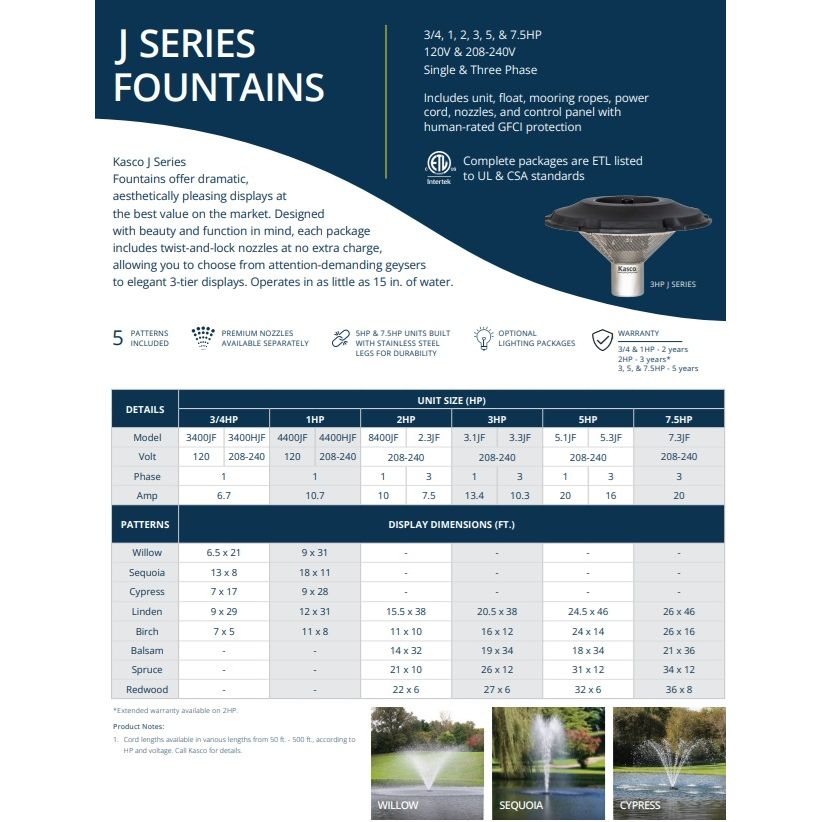 Kasco J Series Pond Fountain - For 1/3 to 3.5 Acre Ponds