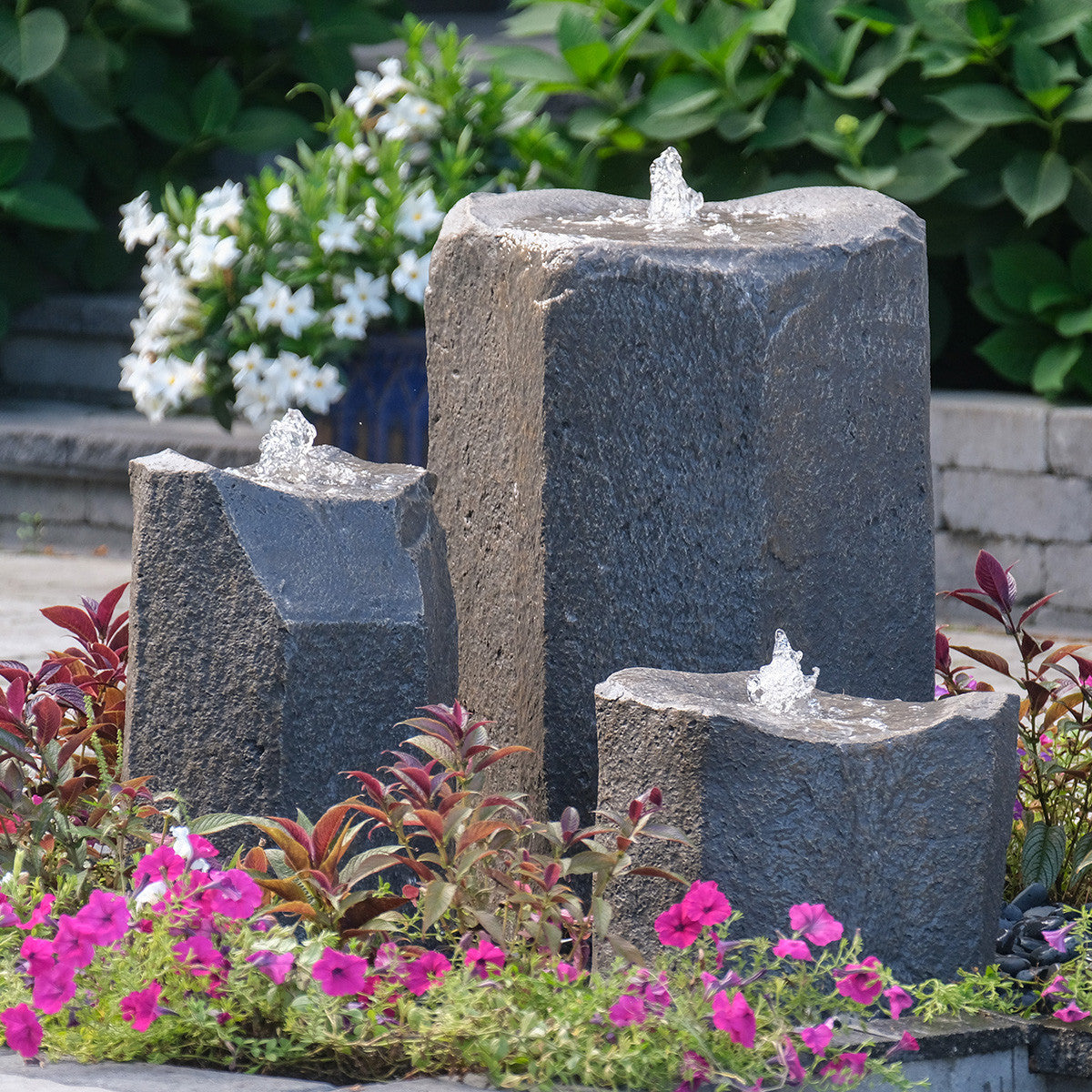 Triple GFRC boulder bird bath fountains