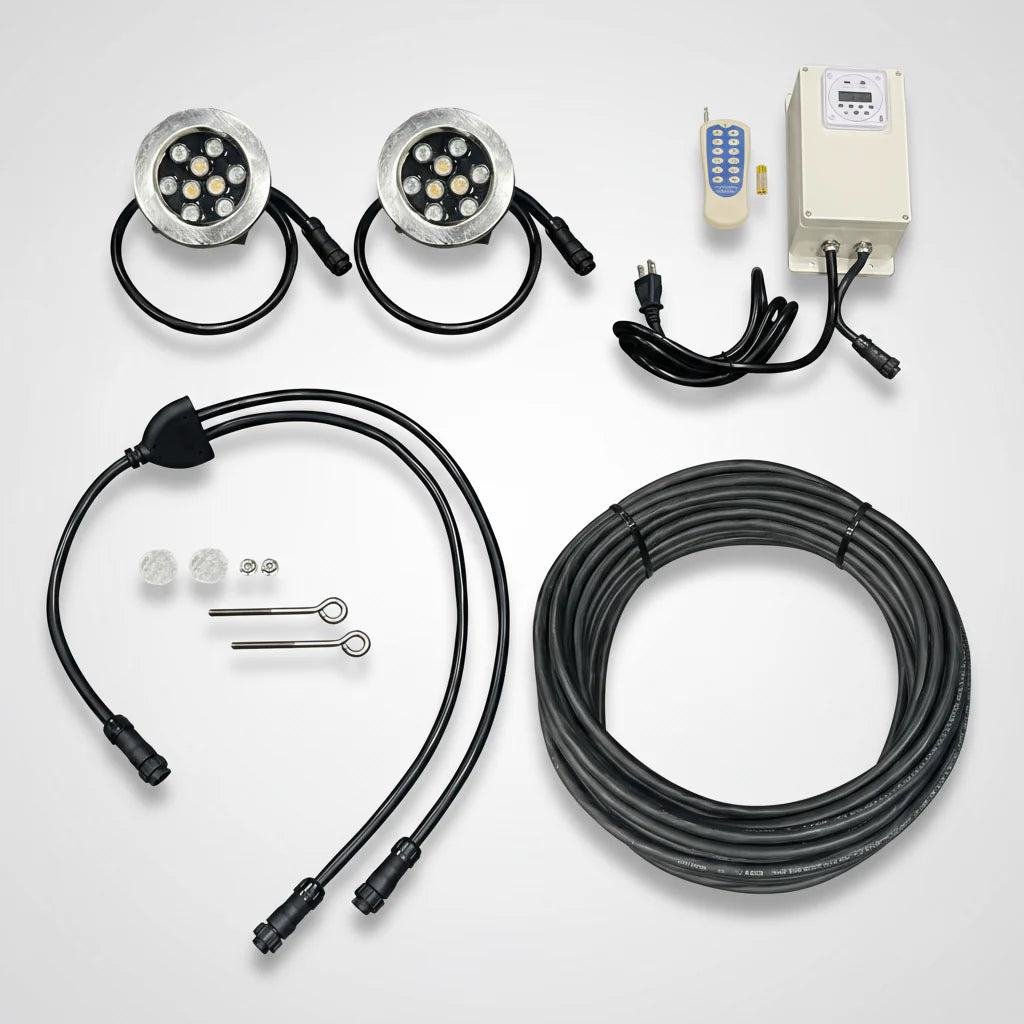 Outdoor Water Solutions Classic Fountain light kit with lights, cable, connectors, and control box on a white background