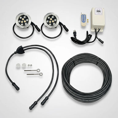 Outdoor Water Solutions Classic Fountain light kit with lights, cable, connectors, and control box on a white background