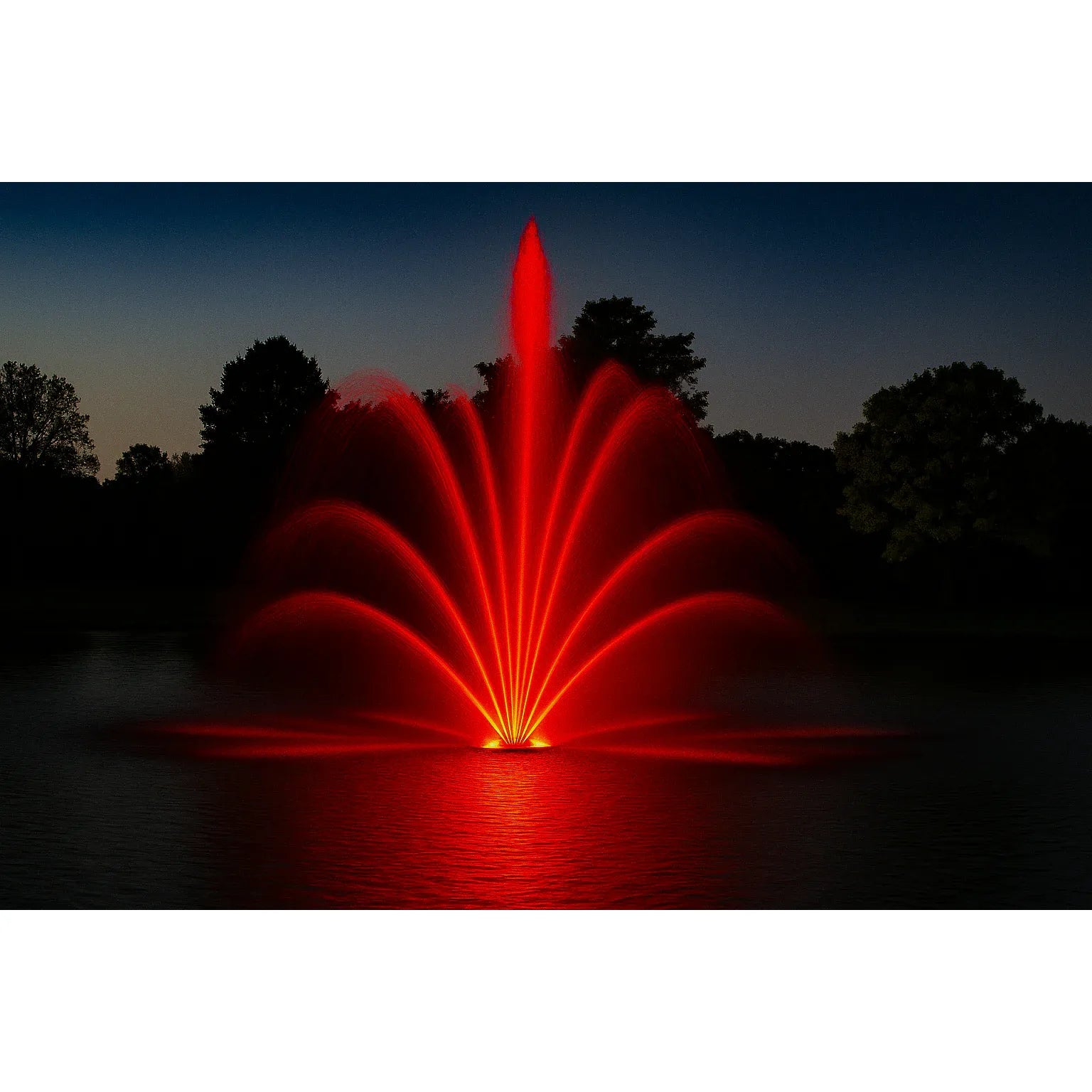 Outdoor Water Solutions Classic Fountain with red LED Lights on a dark lake with trees in the background