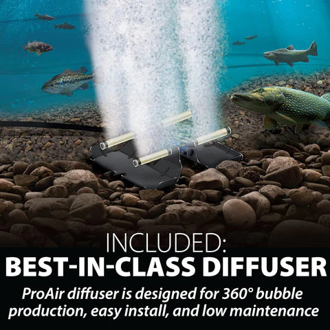One Airmax PS40 diffuser at bottom of pond with fish swimming nearby and the words best in class below image