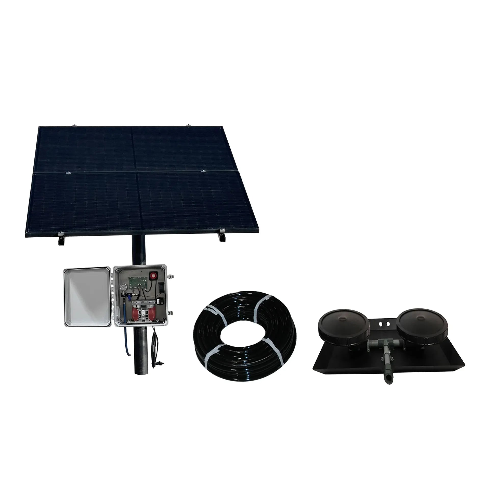 Outdoor Water Solutions NitroAir Solar Pond Aerator with controller, cable, and mounting bracket on a white background