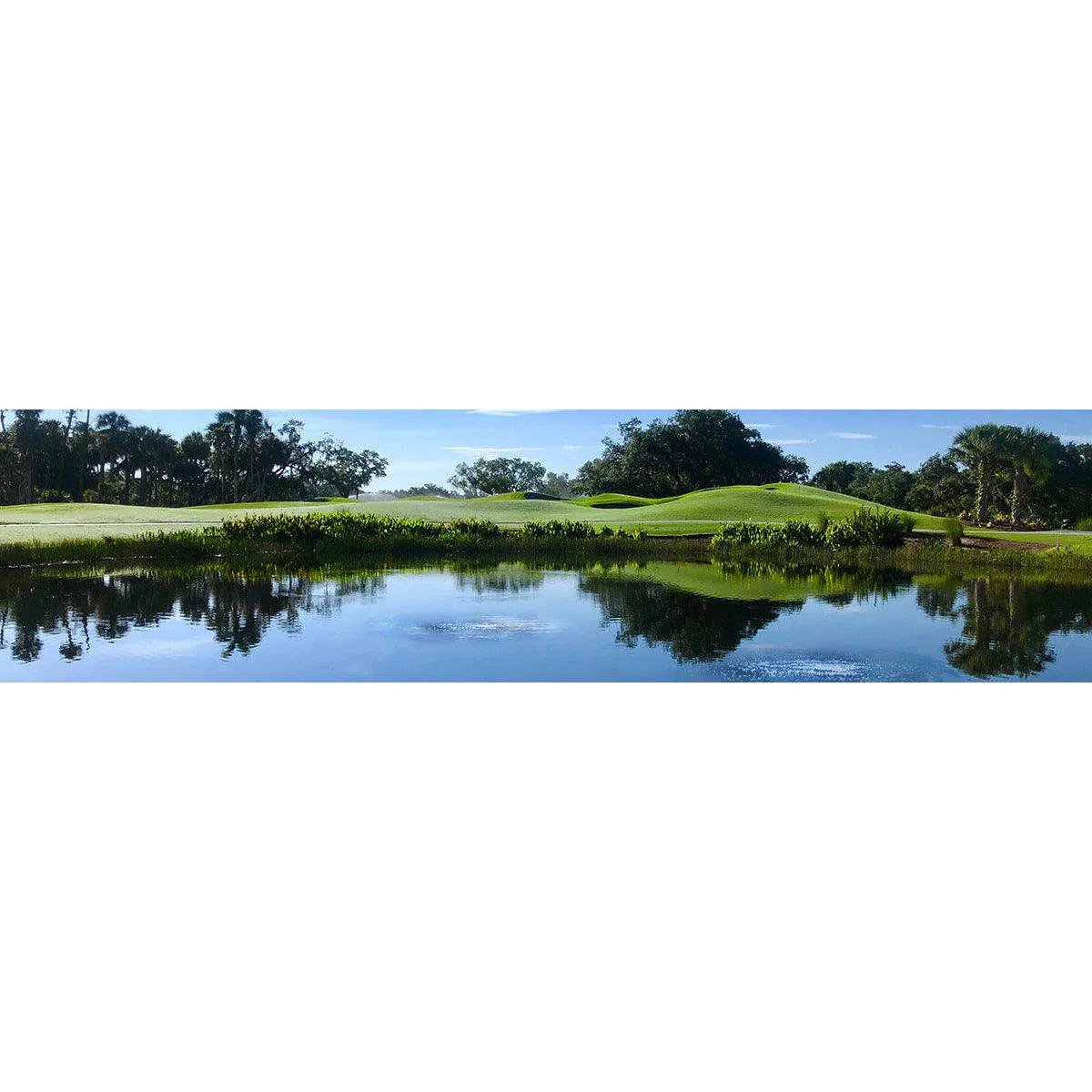 Large pond in beautiful golf course with surface bubbles in two locations coming from an Airmax PS20 Aerator  