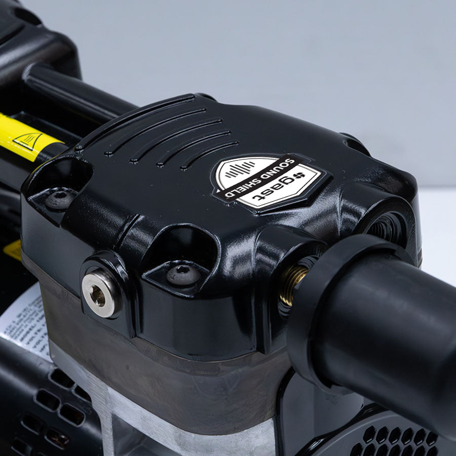 Close-up of Stratus™ SRC 3/4hp Compressor with Sound Shield with a brand logo on a gray background