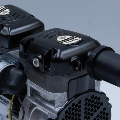 Close-up of Stratus™ SRC 1/2hp Compressor with Sound Shieldwith a brand logo on a gradient background