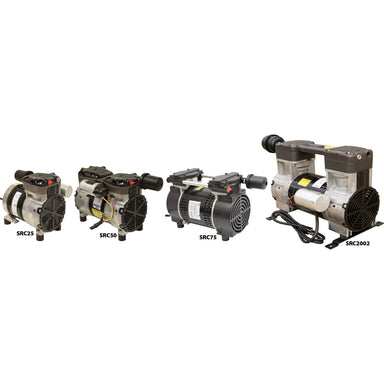 Four different models of Stratus SRC Series Dual Rocking Piston Compressor on a white background