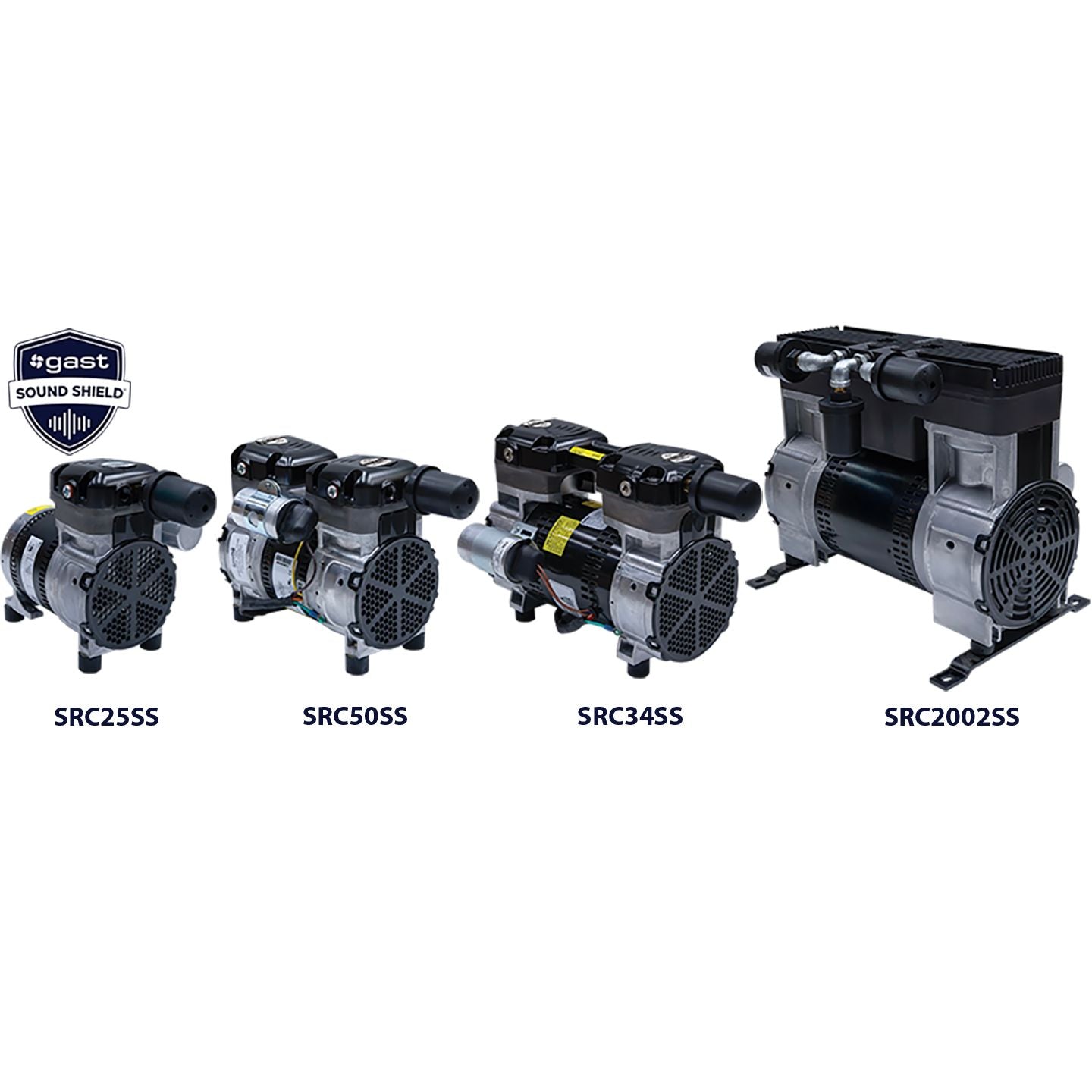 Four different models of Stratus™ SRC Compressors with Sound Shield with 'Sound Shield' logo on a white background