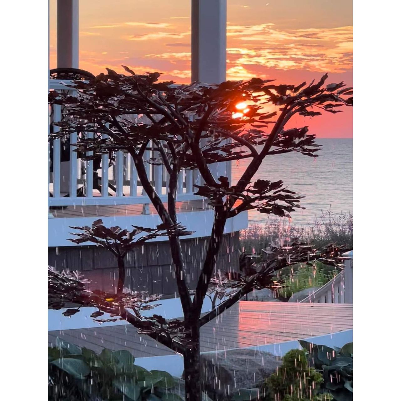 Copper tall oak fountain at sunset