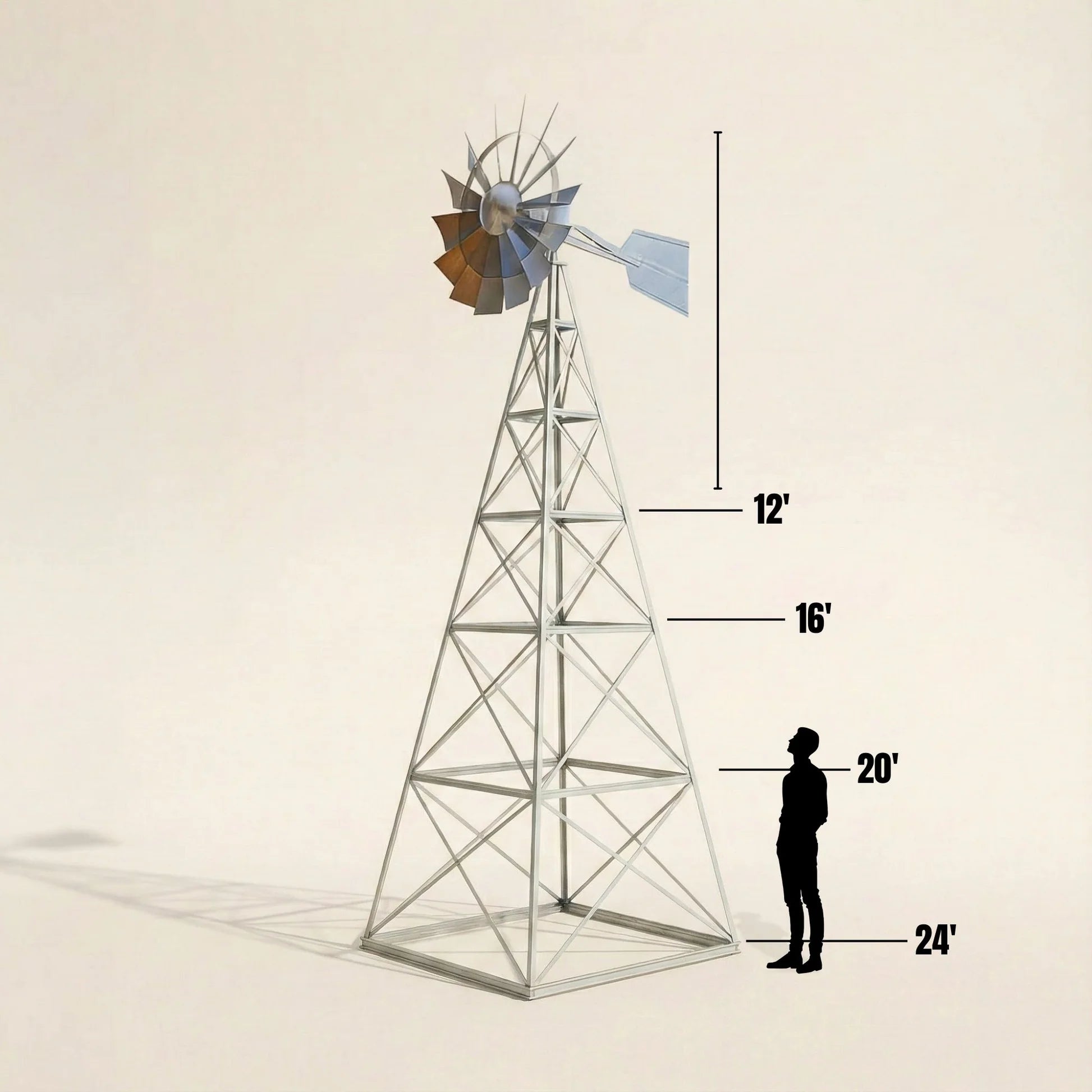 Model of a Outdoor Water Solutions Aerating Windmill with height measurements indicated, shown against a plain background.