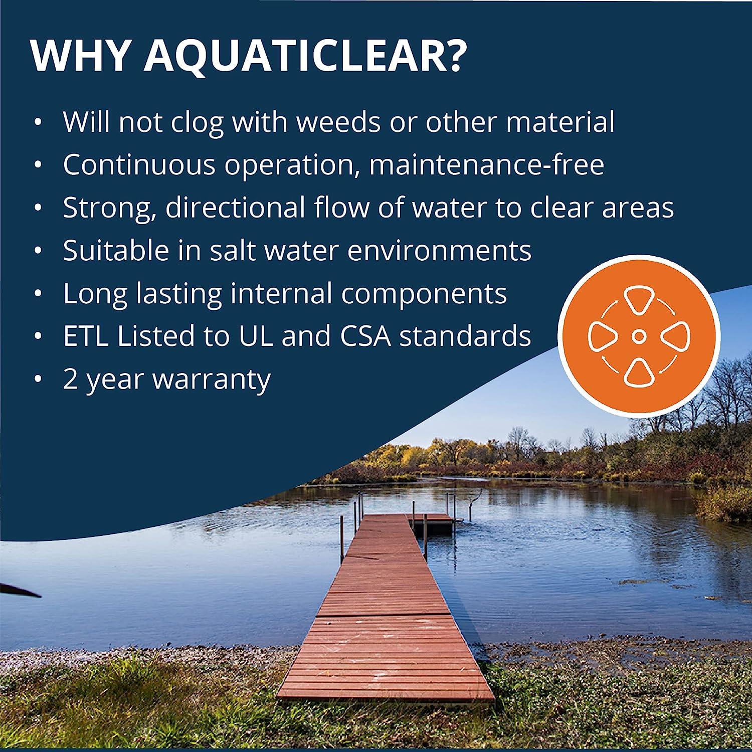 Kasco AquatiClear sales sheet listing the benefits of the Aquaticlear above an image of a clean pond with a wood dock going form the hore out into the water