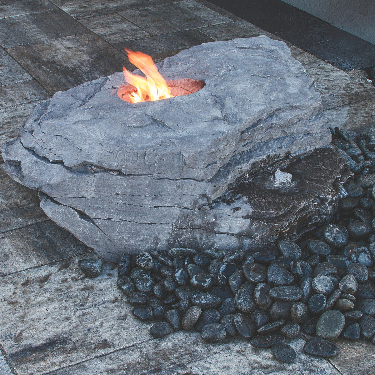 Fire and Water boulder fountain close-up
