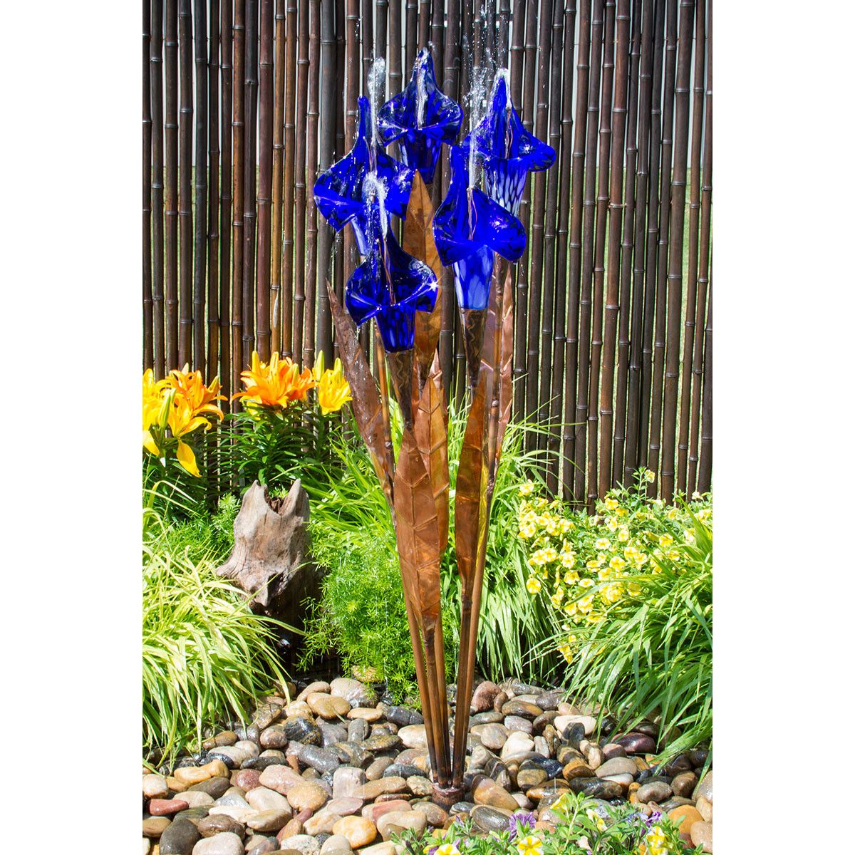 Blue Thumb copper fountain with blue glass iris flowers