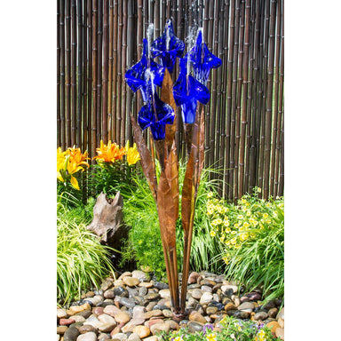 Blue Thumb copper fountain with blue glass iris flowers