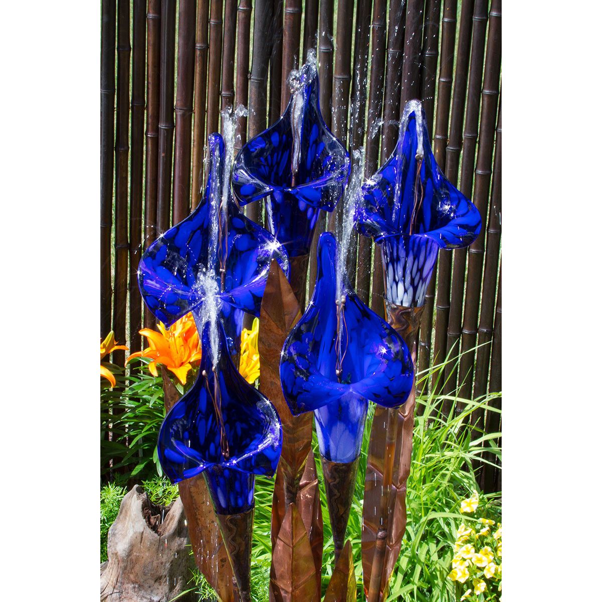 Blue glass iris copper flower fountain detail