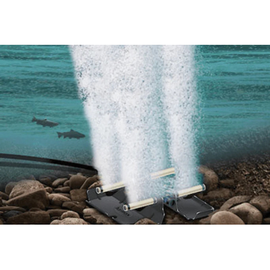 Airmax PS20 aerator on bottom of pond blowing bubbles, aerating a 2 acre pond with fish visible in the background