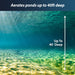 Underwater view of clear water with text indicating depth and aerating capabilities.