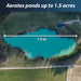Aerates ponds up to 1.5 acres with an aerial view of a pond labeled accordingly.