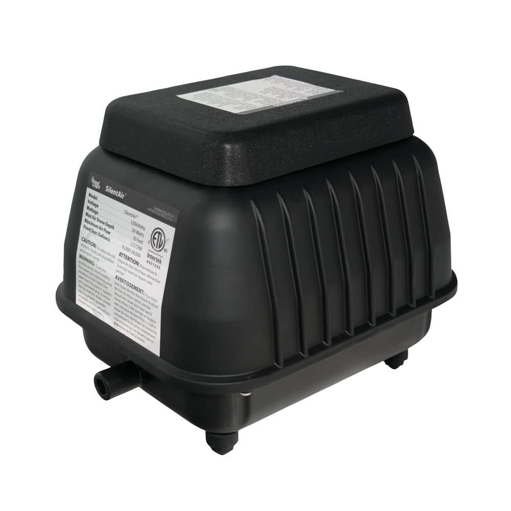Airmax SilentAir LR25 diaphragm compressor for SW20 aeration system on white background
